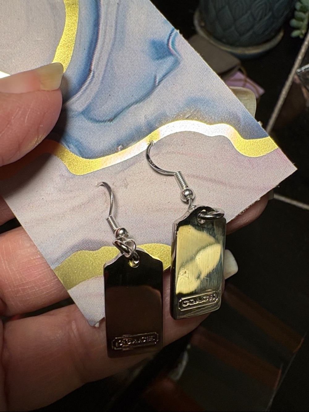 Coach Silver-Tone Earrings with Brown Logo Tags - Picture 2 of 5